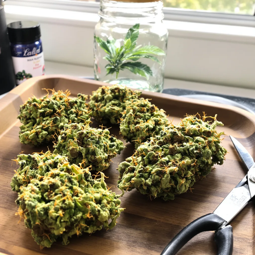 Painkiller XL 25% indica / 75% sativa flower with visible trichomes