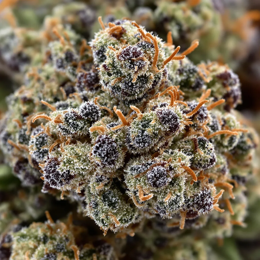 Papa's OG cannabis bud close-up showing dense purple-tinged calyxes