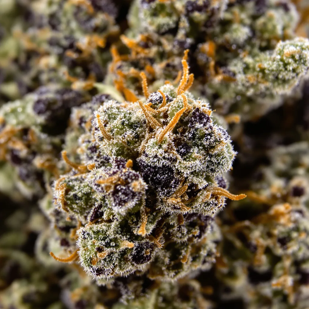 Papaya Cookies cannabis bud close-up showing dense purple-tinged calyxes