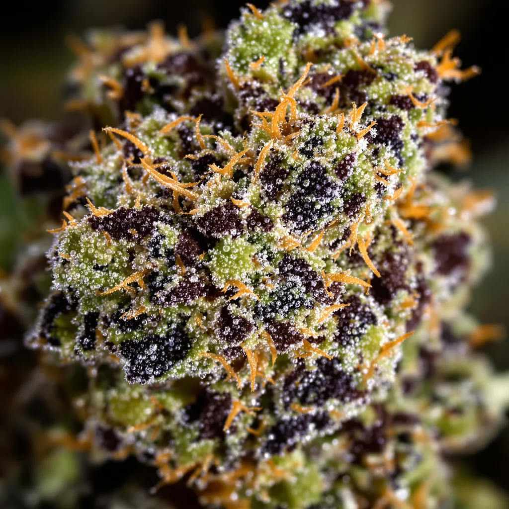 Peanut Butter Breath cannabis bud close-up showing dense purple-tinged calyxes