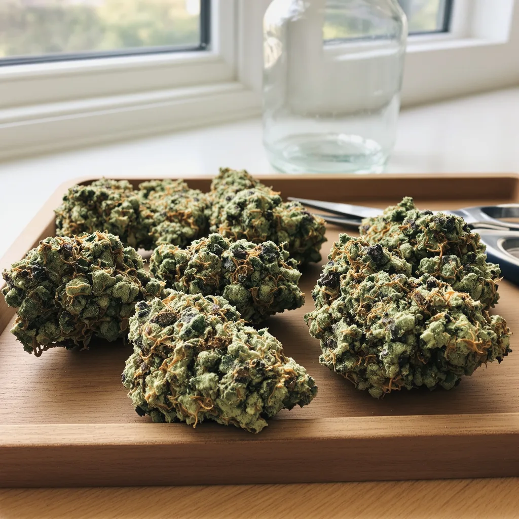 Peanut Butter Breath 50% indica / 50% sativa flower with visible trichomes