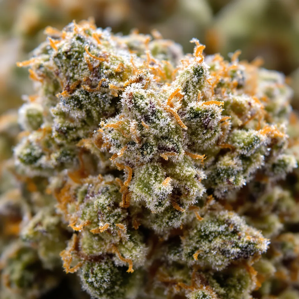 Peanut Butter Breath cannabis bud close-up showing balanced bud structure with frosted trichomes