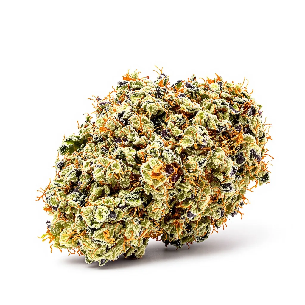 Peanut Butter Breath 50% indica / 50% sativa flower with visible trichomes