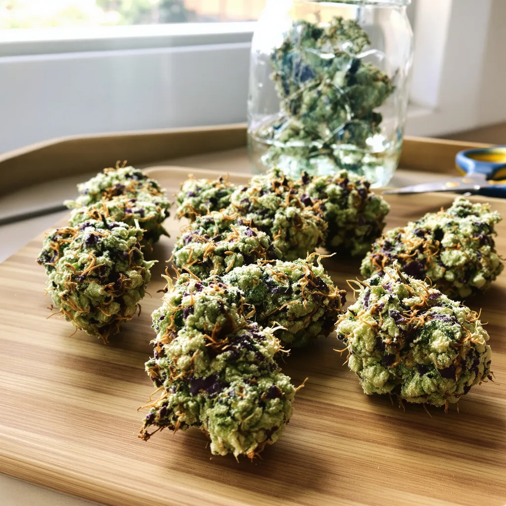 Peanut Butter Gelato 55% indica / 45% sativa flower with visible trichomes
