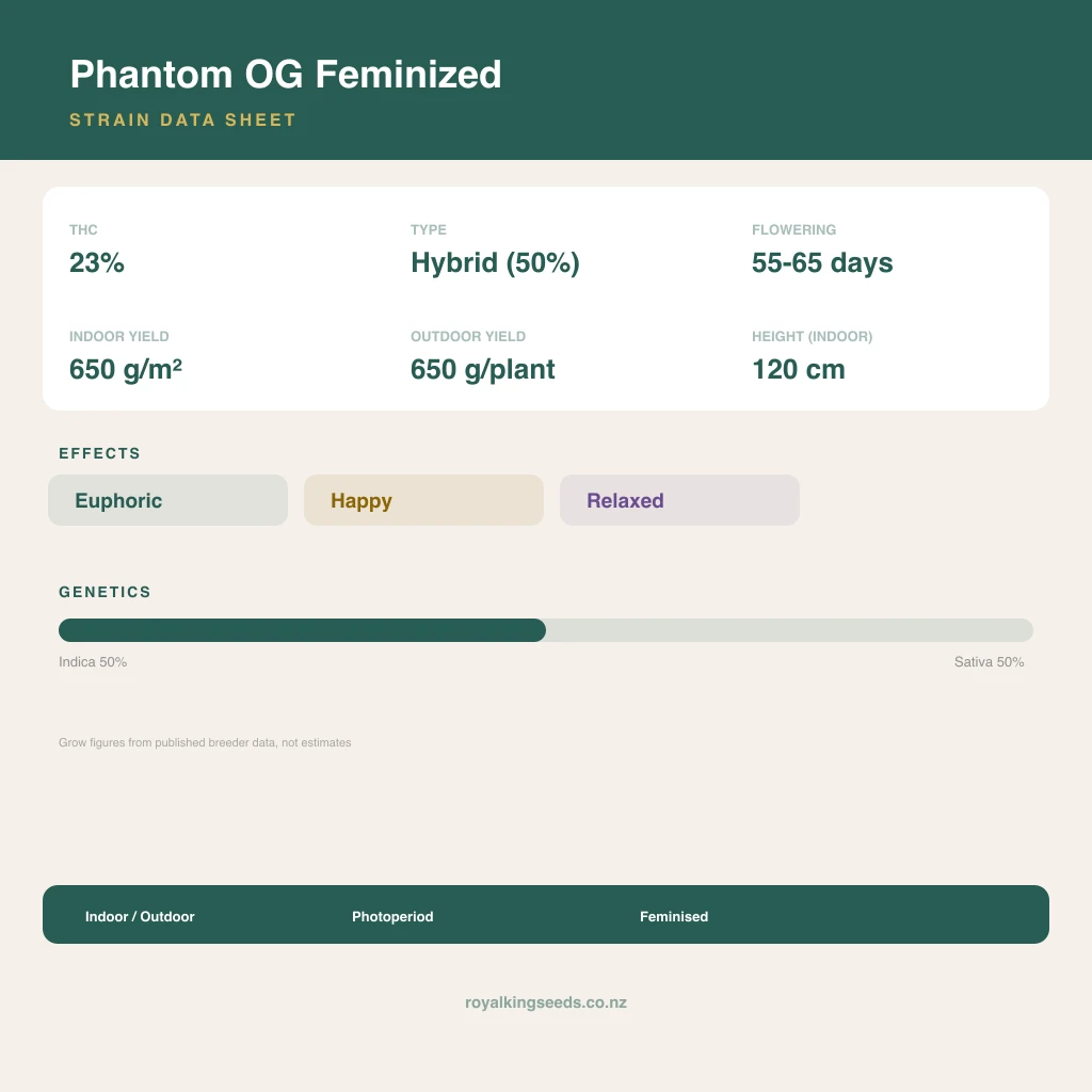 Phantom OG 50% indica / 50% sativa flower with visible trichomes