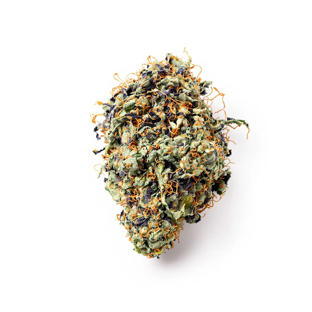 Pine Tar Kush 65% indica / 35% sativa flower with visible trichomes