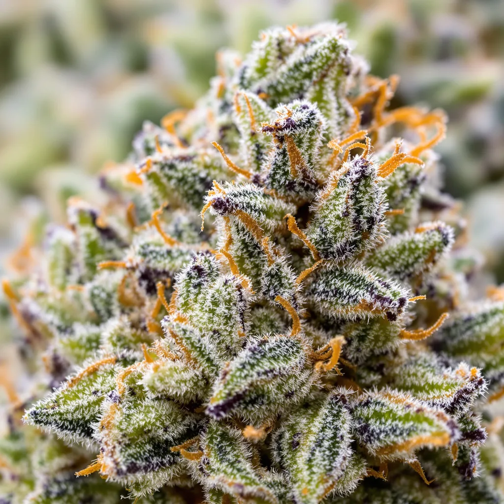 Pineapple Purple Skunk cannabis bud close-up showing dense forest-green nugs