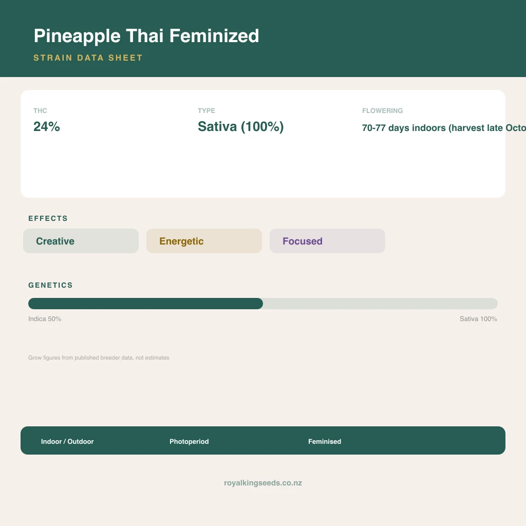 Pineapple Thai 50% indica / 100% sativa flower with visible trichomes