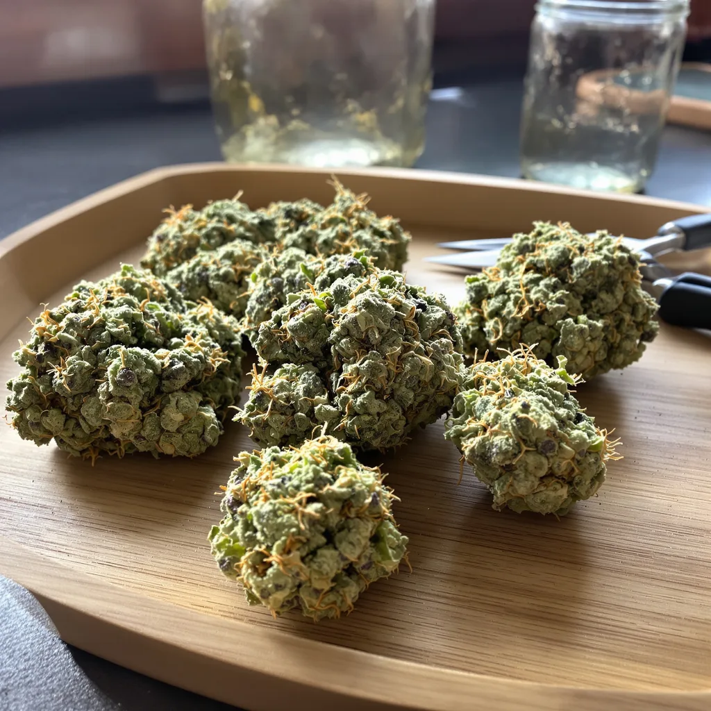 Pineapple Trainwreck 20% indica / 80% sativa flower with visible trichomes