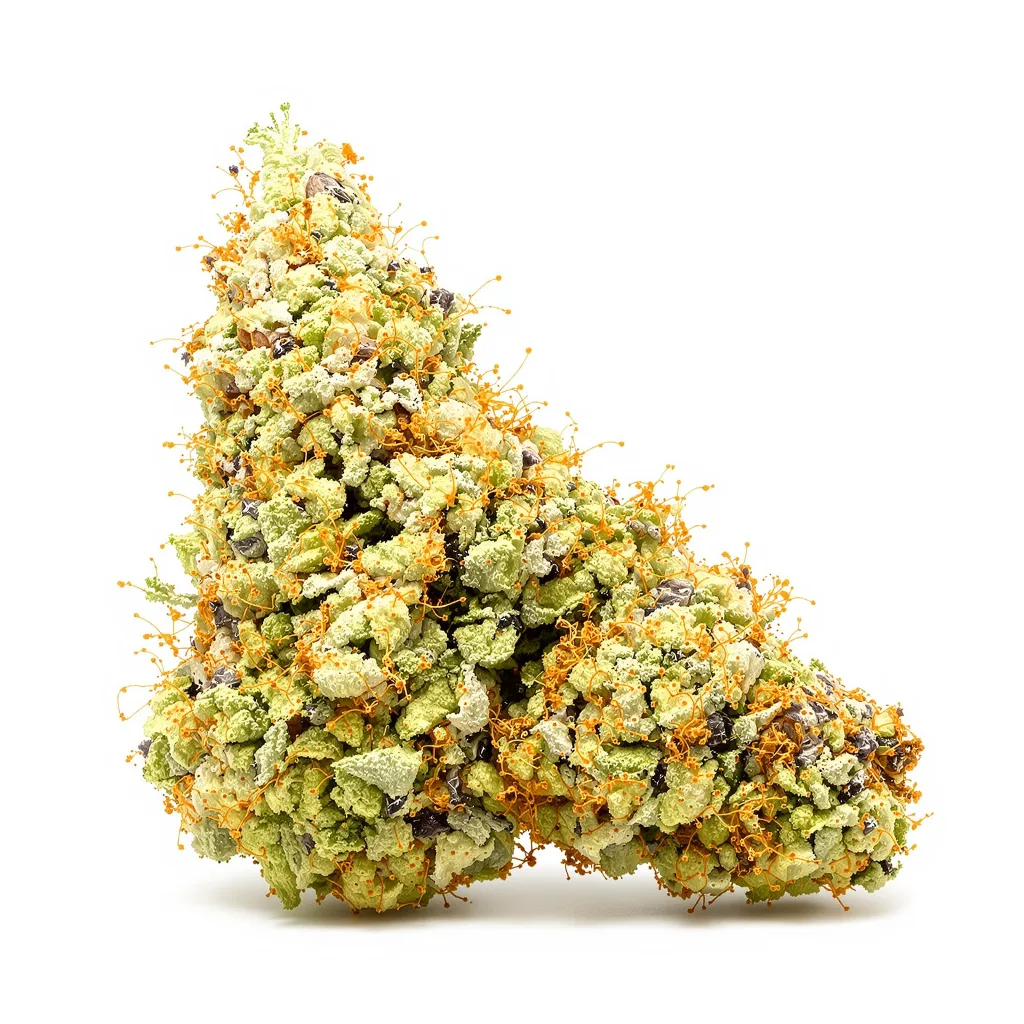 Pineapple Trainwreck 20% indica / 80% sativa flower with visible trichomes