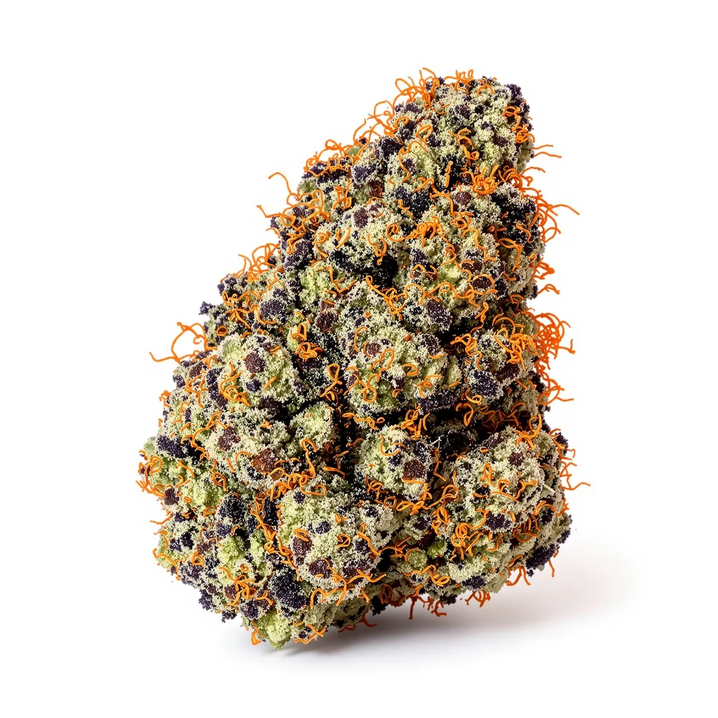 Pink Bubba 67% indica / 33% sativa flower with visible trichomes
