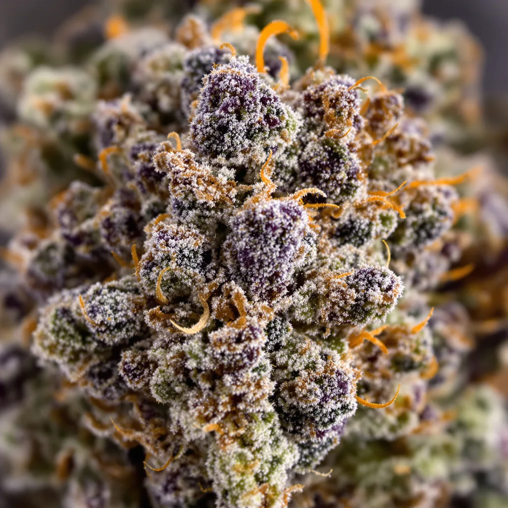 Pink Kush cannabis bud close-up showing dense purple-tinged calyxes