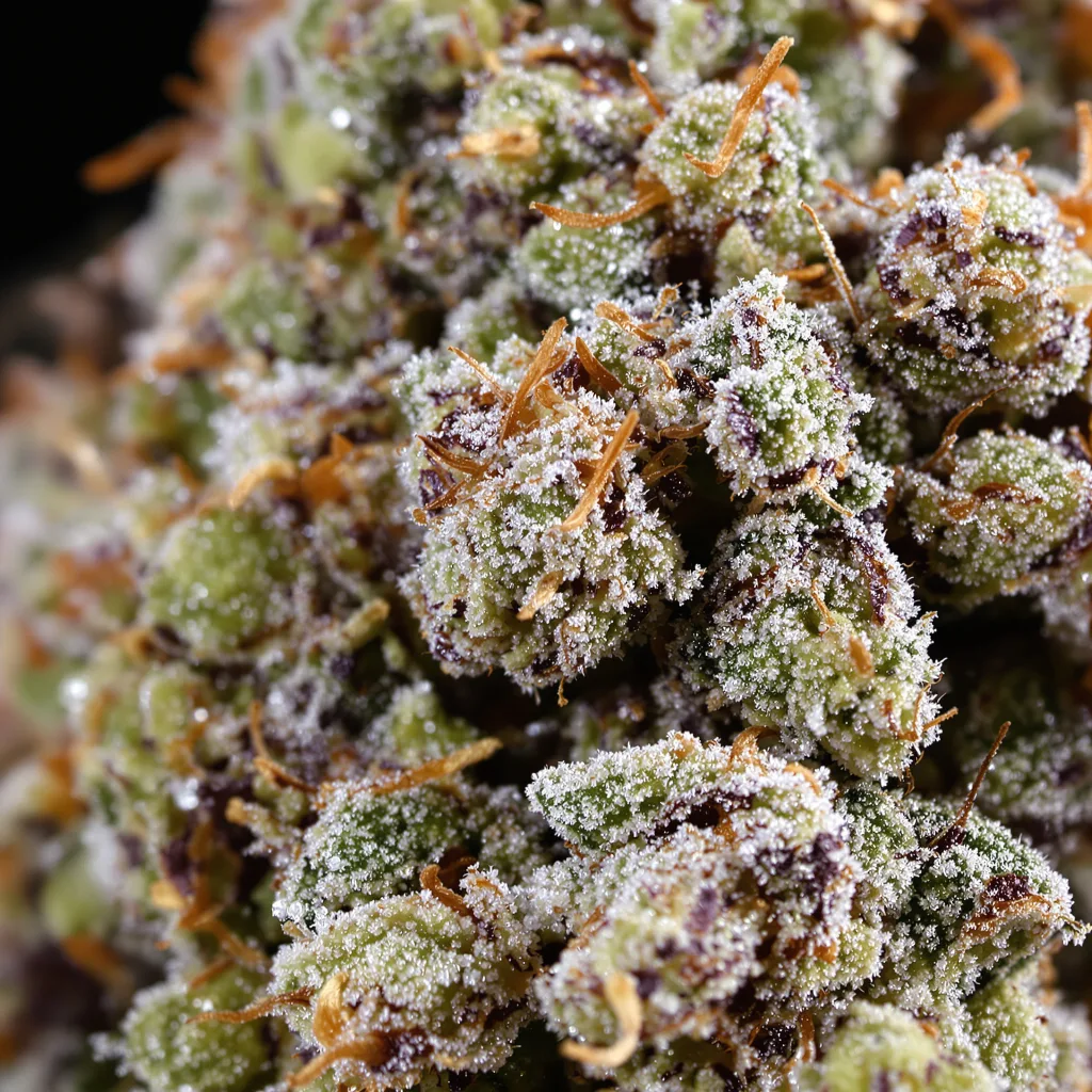 Pink Runtz cannabis bud close-up showing balanced bud structure with frosted trichomes