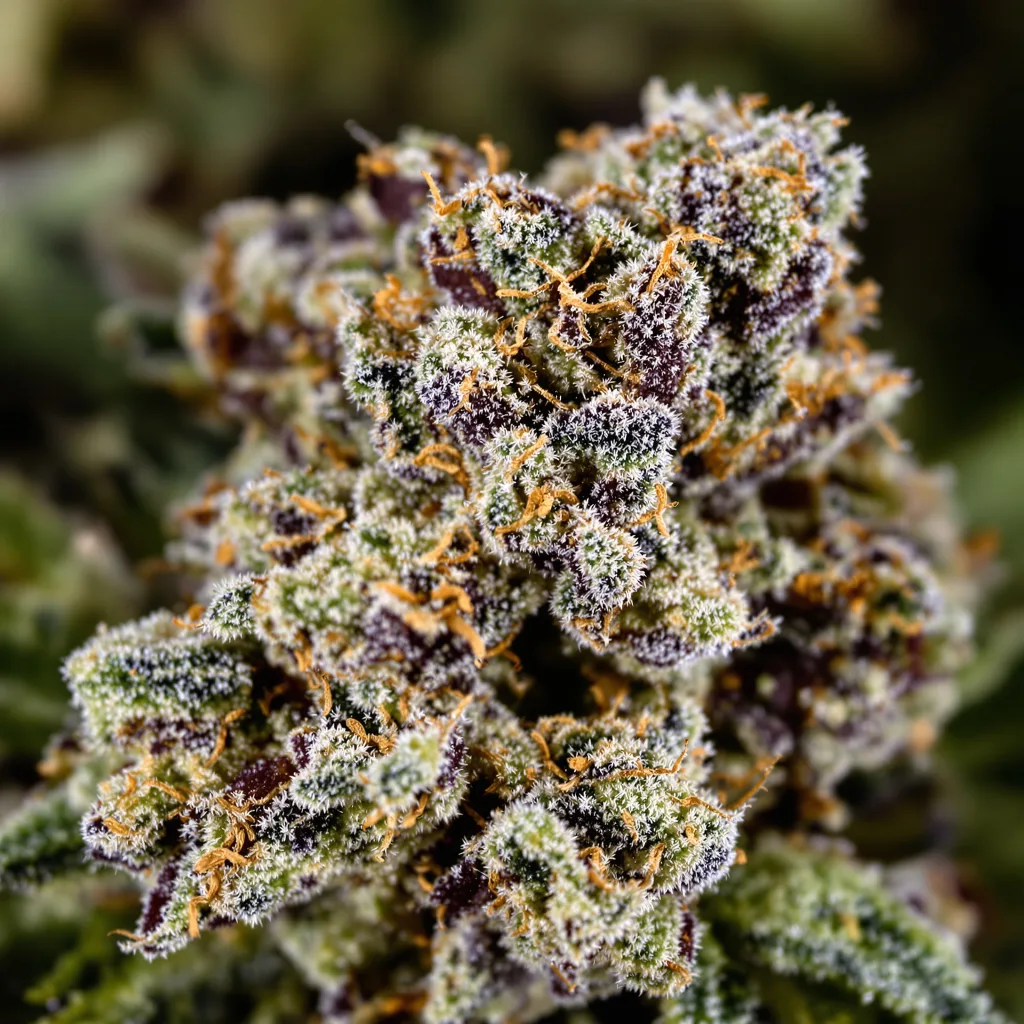 Platinum Bubba Kush cannabis bud close-up showing dense purple-tinged calyxes