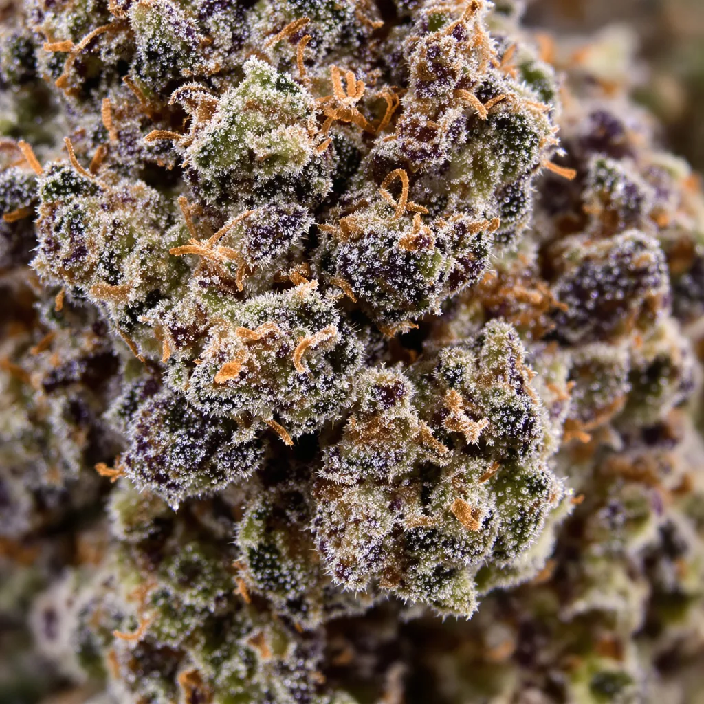 Platinum Kush cannabis bud close-up showing dense purple-tinged calyxes