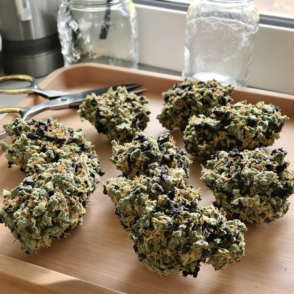 Platinum Purple Kush 80% indica / 50% sativa flower with visible trichomes