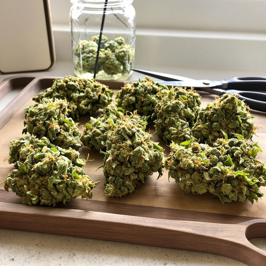 Platinum Wreck 25% indica / 75% sativa flower with visible trichomes