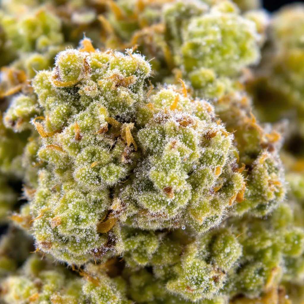 Platinum Wreck cannabis bud close-up showing lime-green airy structure