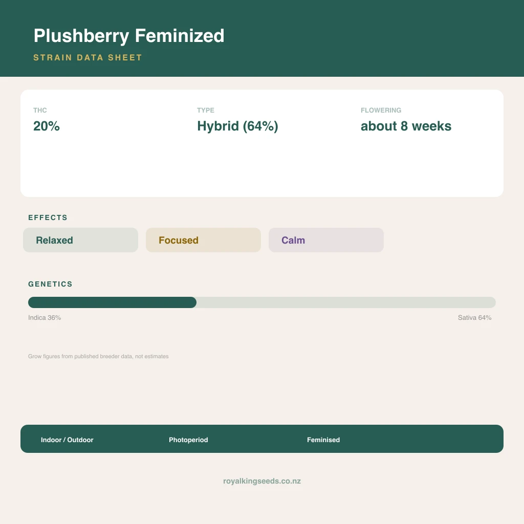 Plushberry 36% indica / 64% sativa flower with visible trichomes