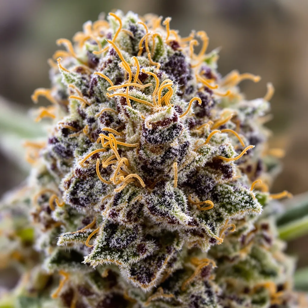 Pot of Gold cannabis bud close-up showing dense purple-tinged calyxes