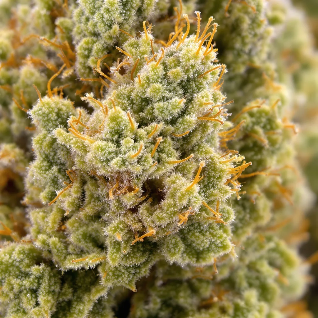 Power Plant cannabis bud close-up showing lime-green airy structure