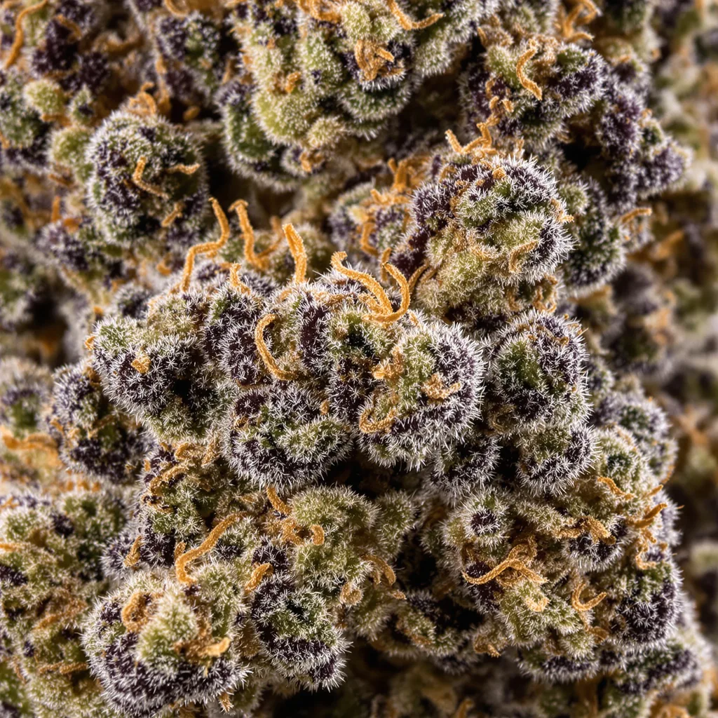 Pre-98 Bubba Kush cannabis bud close-up showing dense purple-tinged calyxes