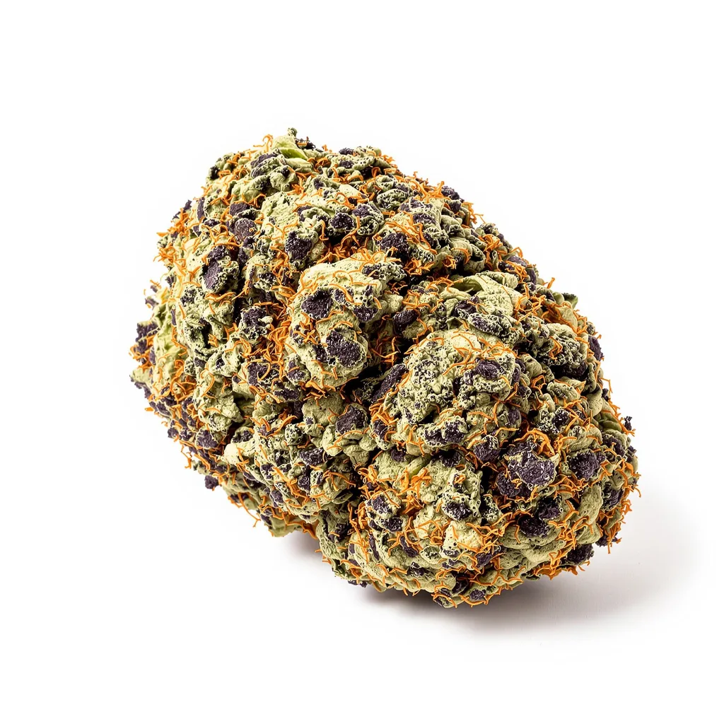 Pure OG 86% indica / 14% sativa flower with visible trichomes