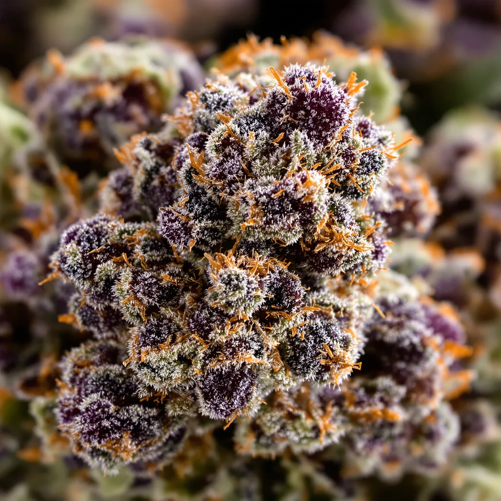 Purple 43 cannabis bud close-up showing dense purple-tinged calyxes