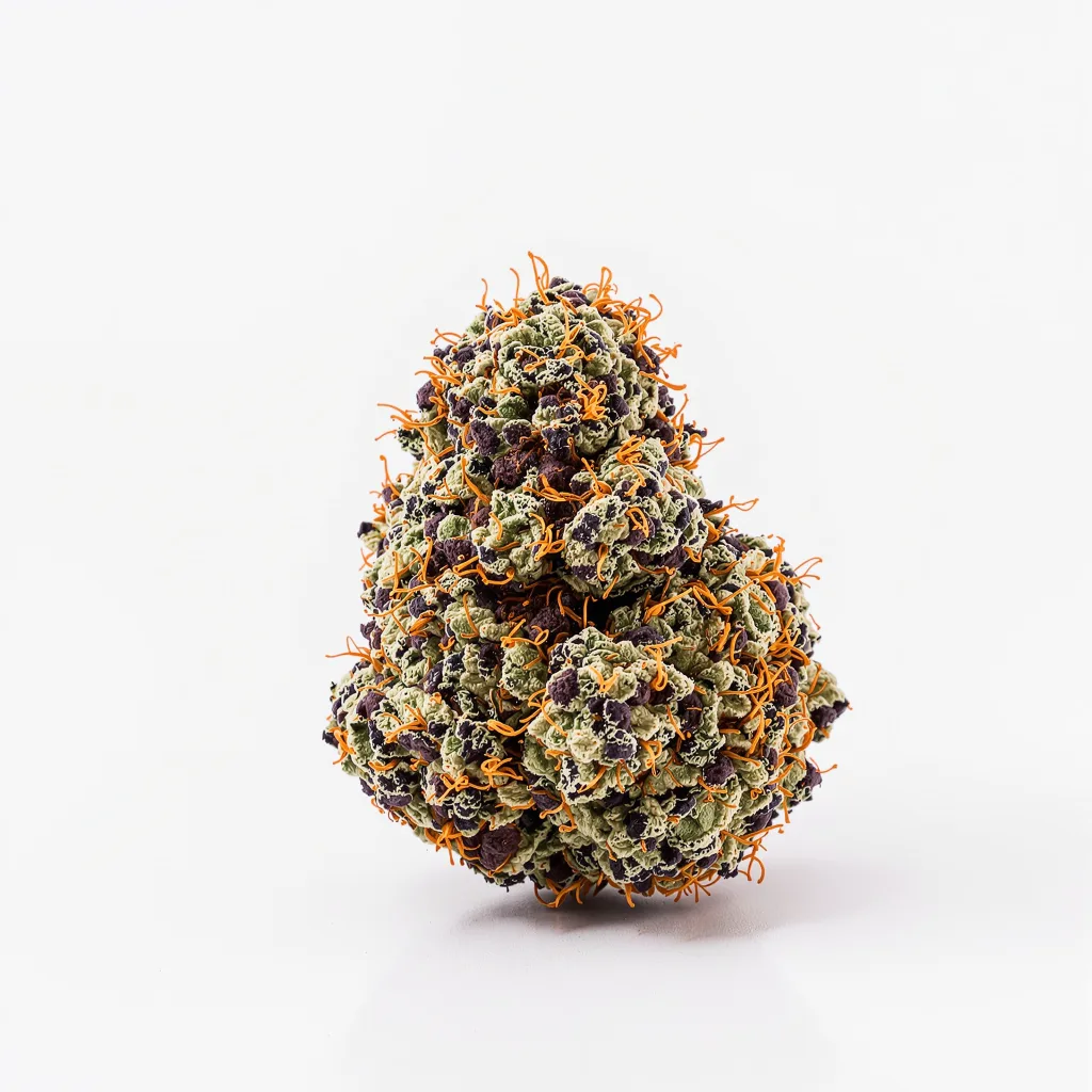 Purple Afghani 84% indica / 16% sativa flower with visible trichomes