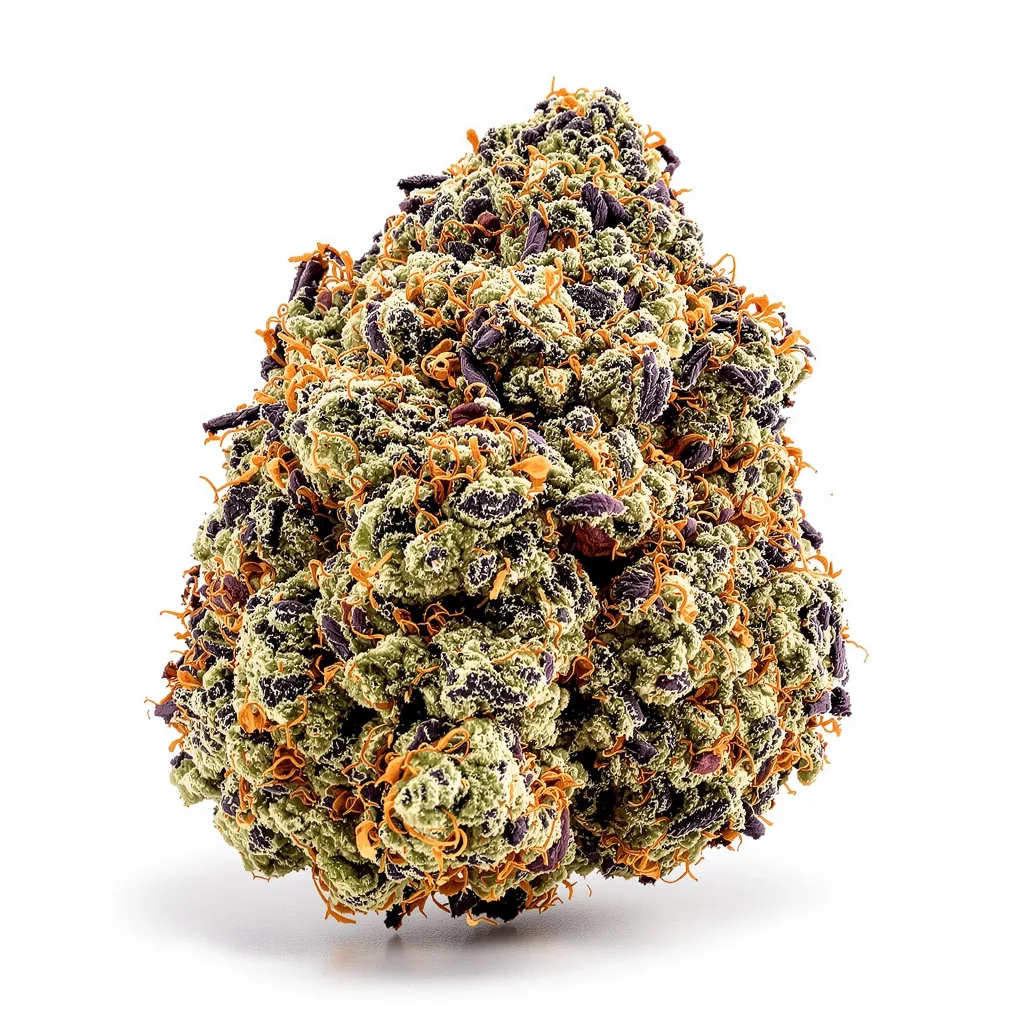 Purple Alien OG 86% indica / 14% sativa flower with visible trichomes