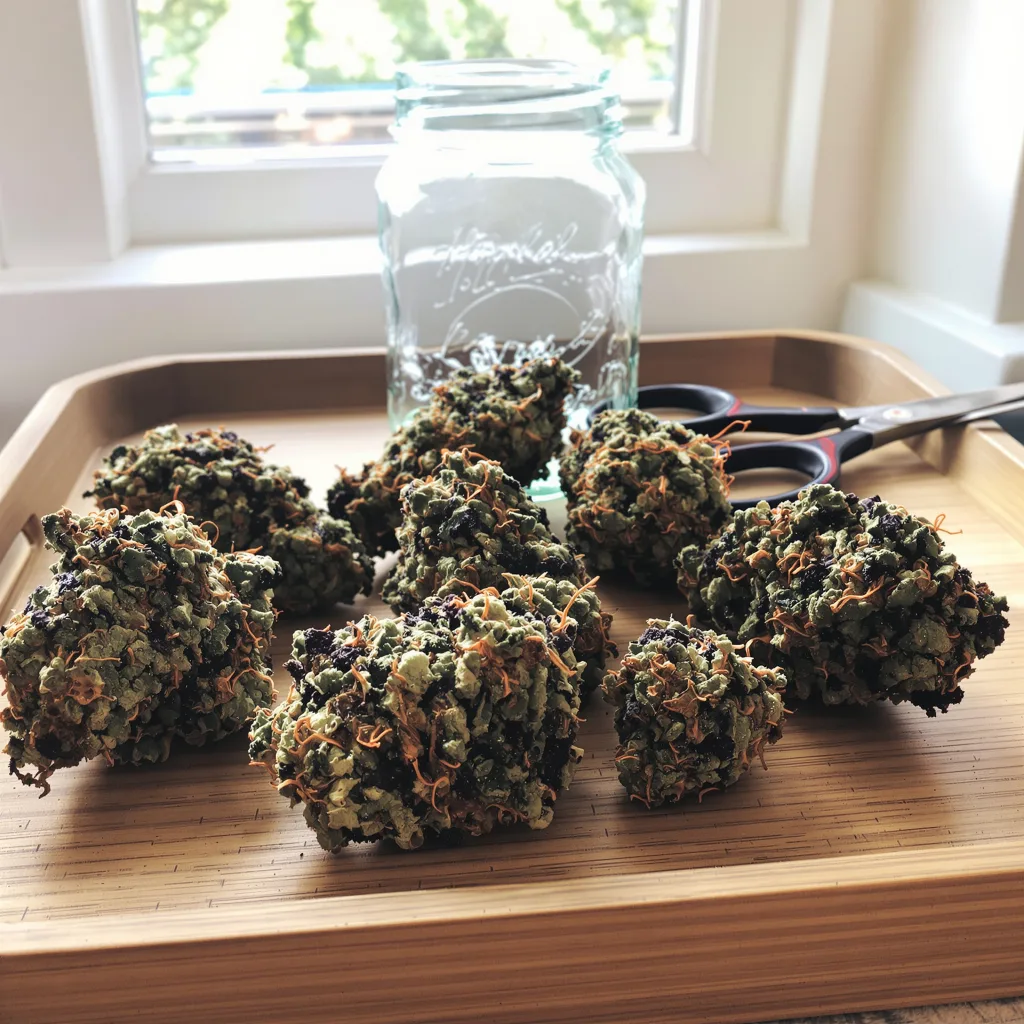 Purple Buddha 79% indica / 21% sativa flower with visible trichomes