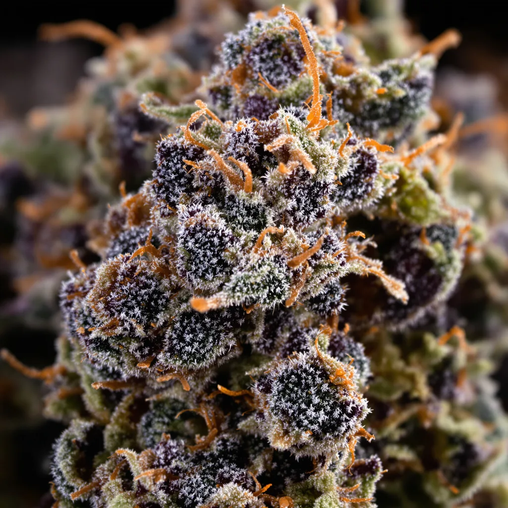 Purple Buddha cannabis bud close-up showing dense purple-tinged calyxes