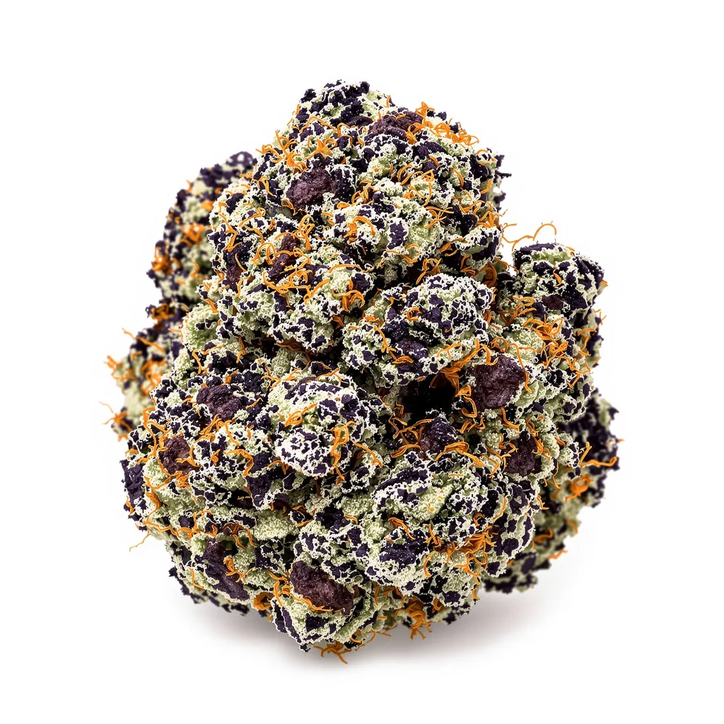 Purple Candy 77% indica / 23% sativa flower with visible trichomes