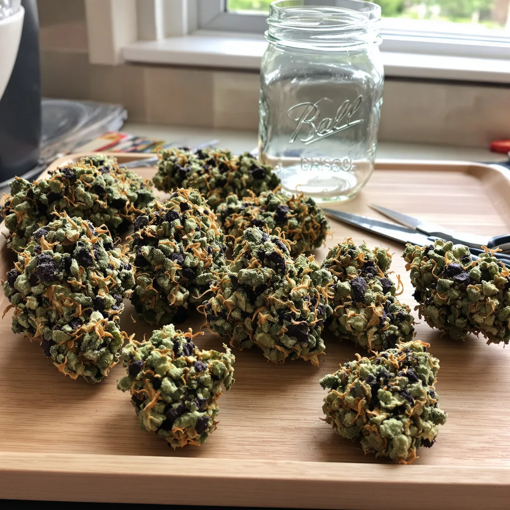 Purple Cotton Candy 79% indica / 21% sativa flower with visible trichomes