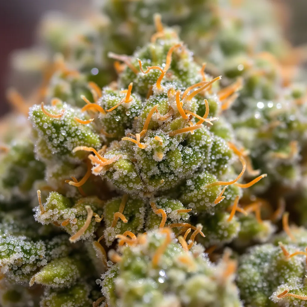 Purple Diesel cannabis bud close-up showing lime-green airy structure