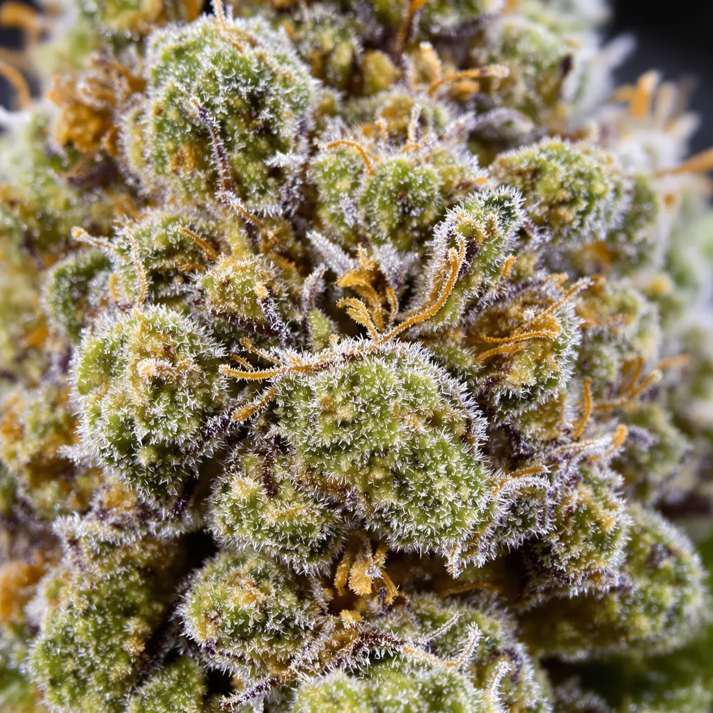Purple Elephant cannabis bud close-up showing dense forest-green nugs