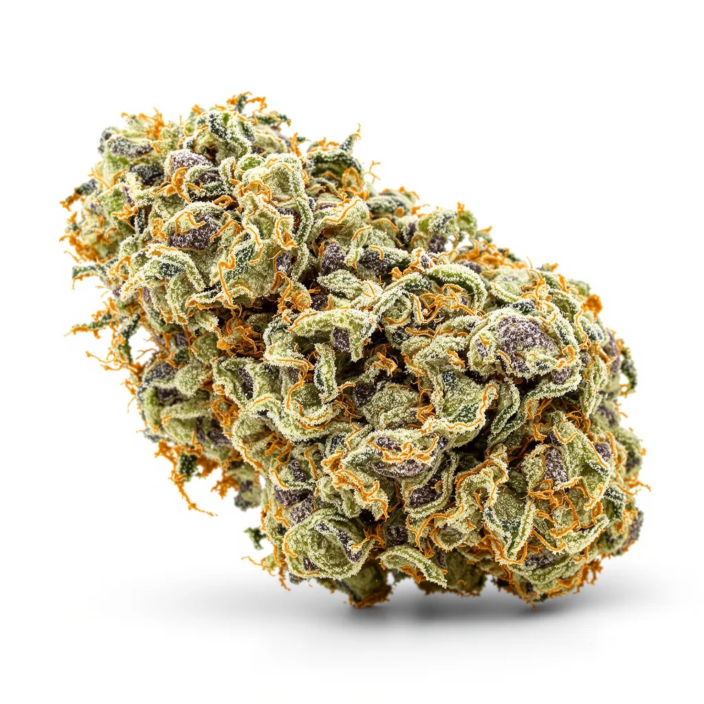 Purple Gorilla 46% indica / 54% sativa flower with visible trichomes