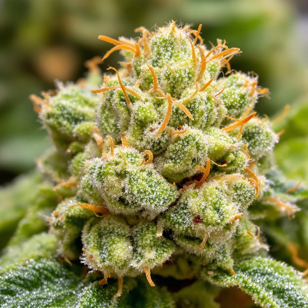 Purple Haze cannabis bud close-up showing lime-green airy structure