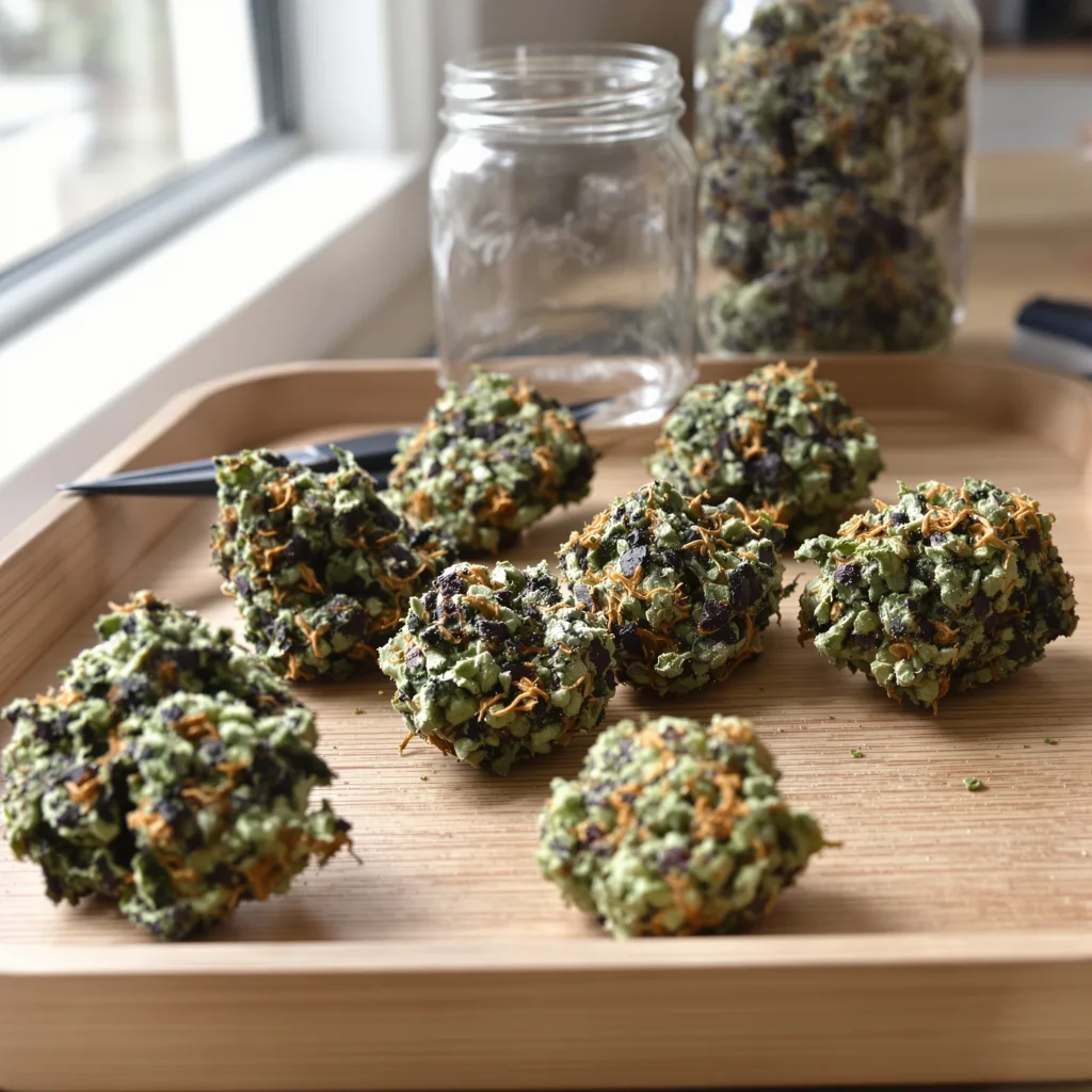 Purple Hindu Kush 100% indica / 50% sativa flower with visible trichomes