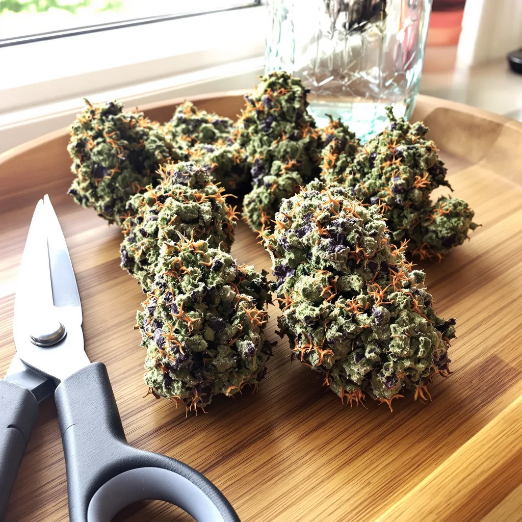 Purple Lemonade 55% indica / 45% sativa flower with visible trichomes