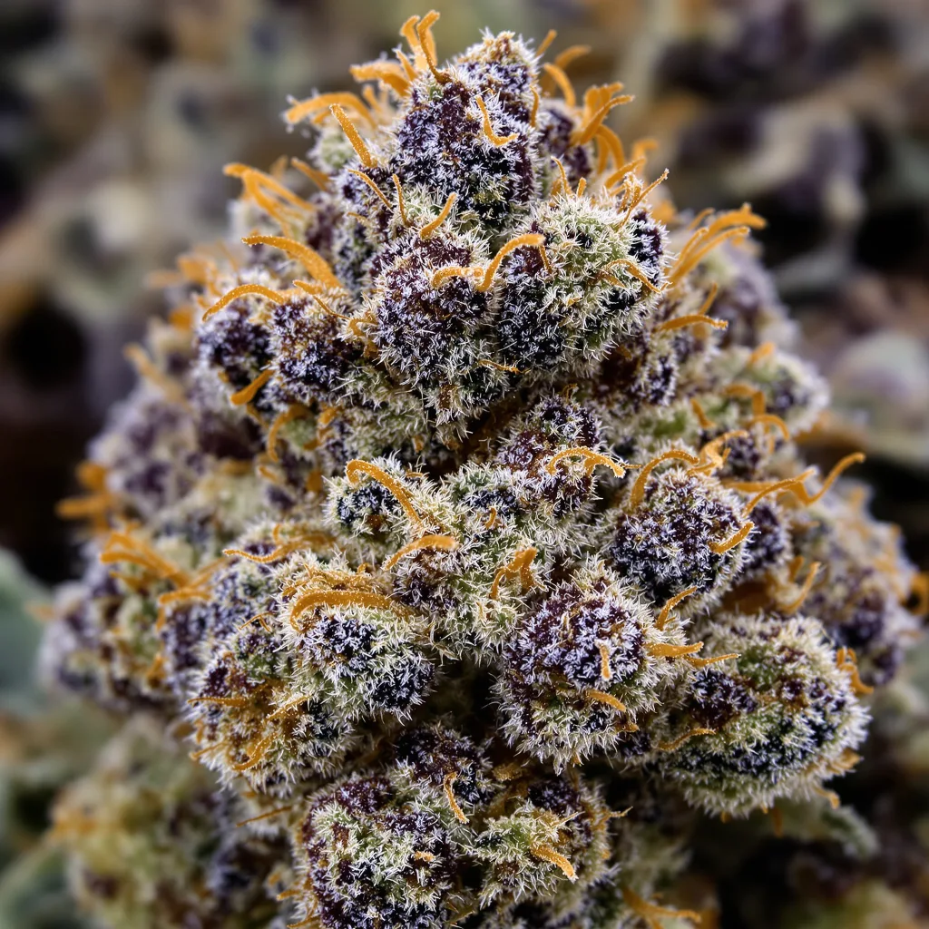 Purple Martian Kush cannabis bud close-up showing dense purple-tinged calyxes
