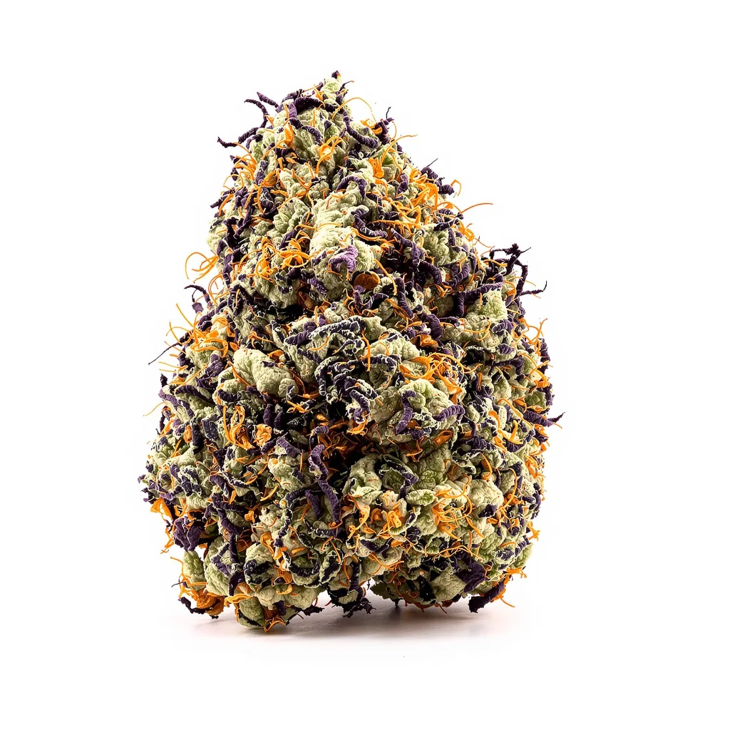 Purple Martian Kush 73% indica / 27% sativa flower with visible trichomes
