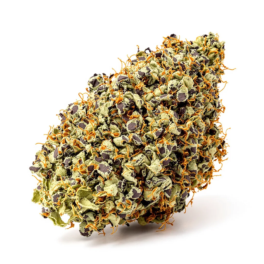 Purple Monkey Balls 68% indica / 32% sativa flower with visible trichomes