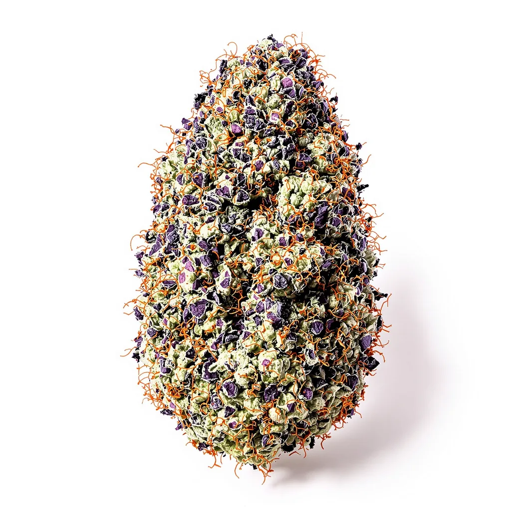 Purple Monkey Balls 68% indica / 32% sativa flower with visible trichomes