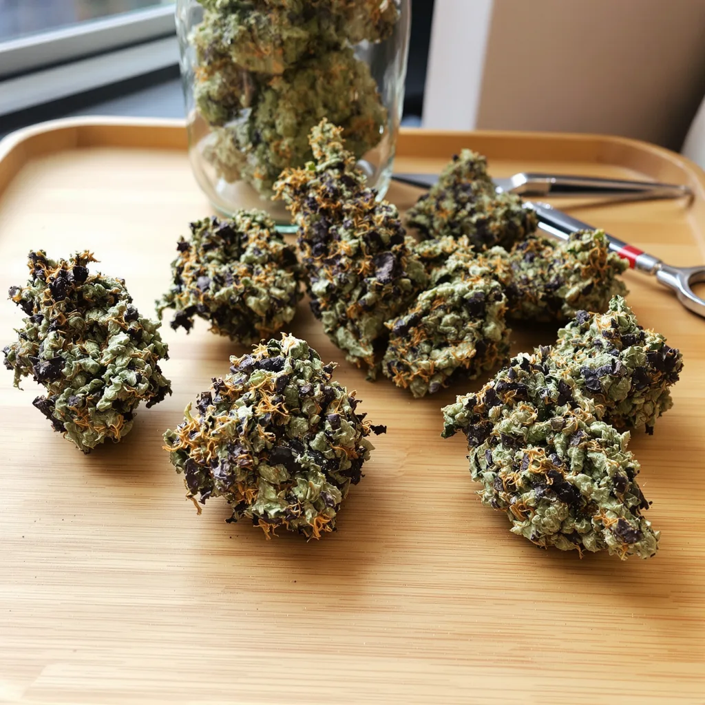 Purple Mr. Nice 74% indica / 26% sativa flower with visible trichomes