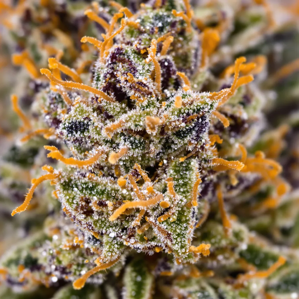 Purple Mr. Nice cannabis bud close-up showing dense purple-tinged calyxes