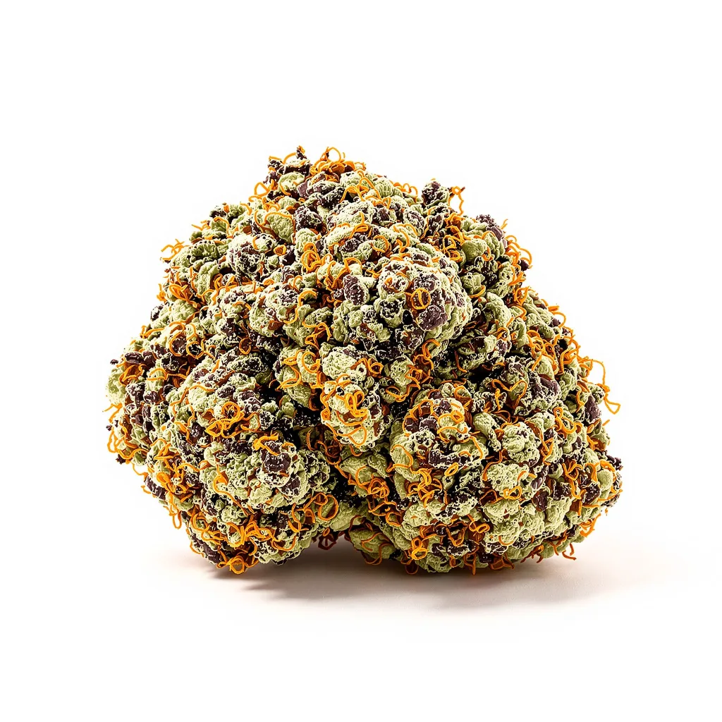Purple Nepal 68% indica / 32% sativa flower with visible trichomes