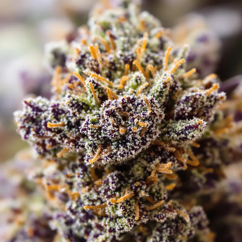 Purple OG Kush cannabis bud close-up showing dense purple-tinged calyxes