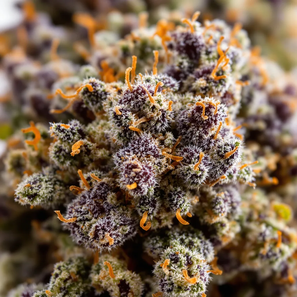 Purple Passion cannabis bud close-up showing dense purple-tinged calyxes