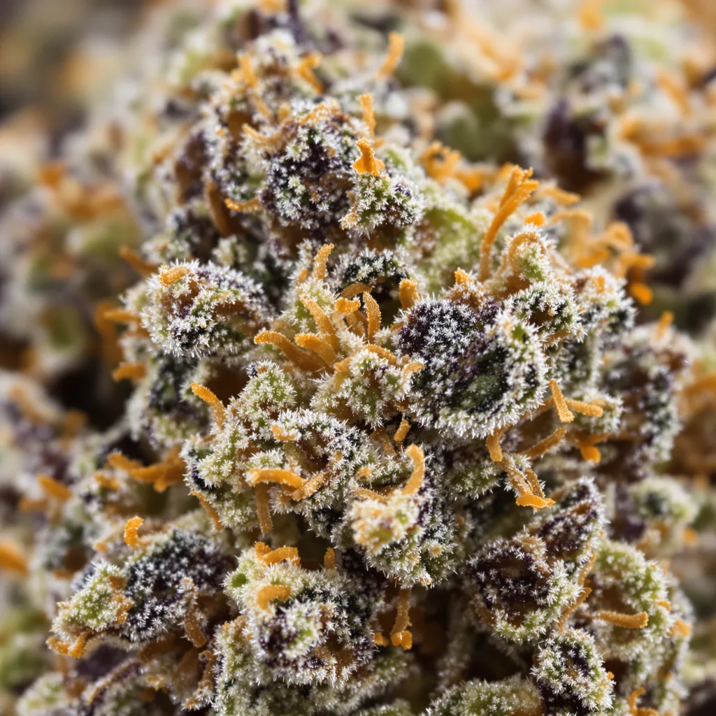 Purple Punch cannabis bud close-up showing dense purple-tinged calyxes